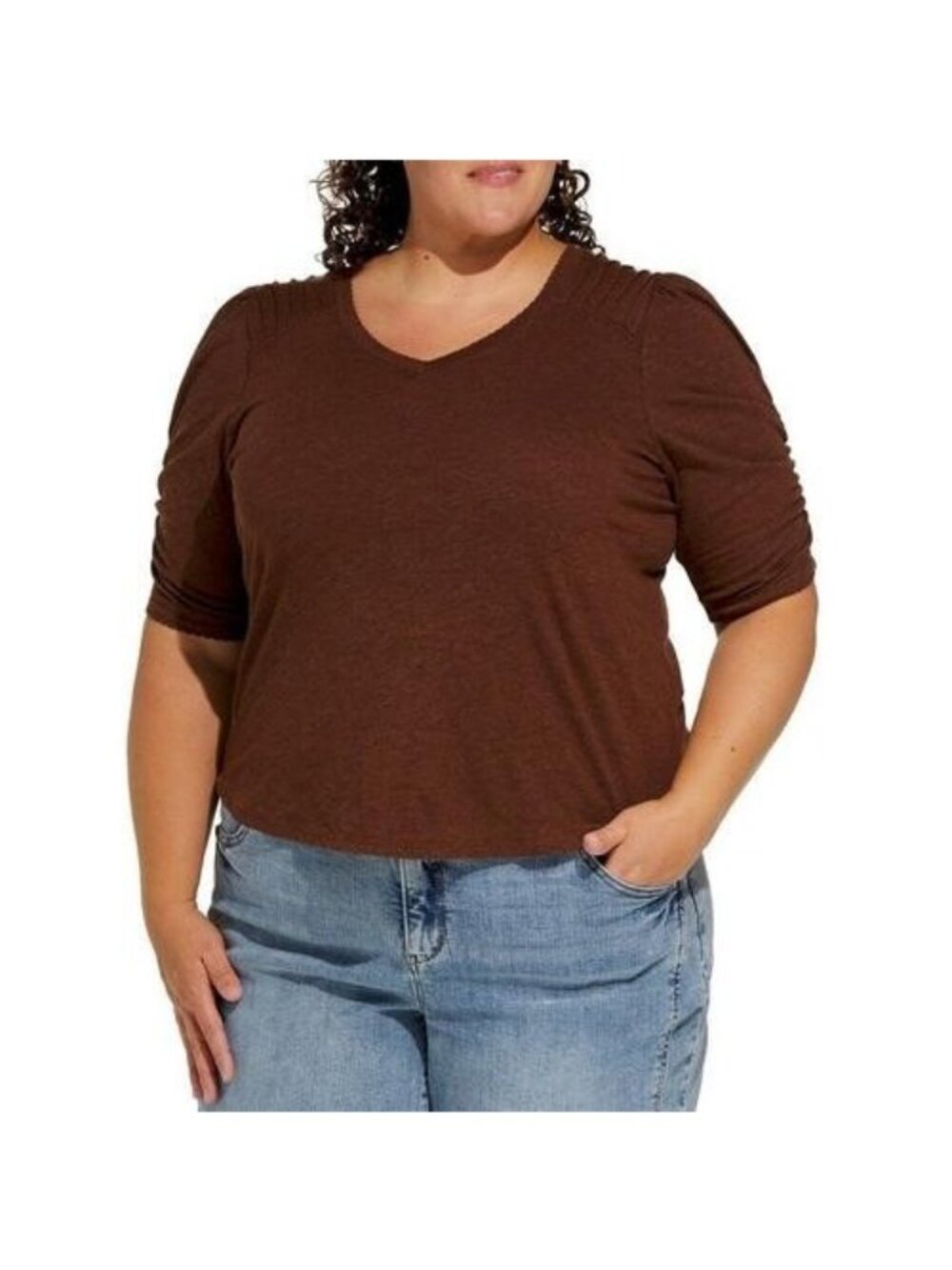 Democracy Women's Democracy Plus Size 3X Elbow Puff Knit V-Neck Blouse Brown $64